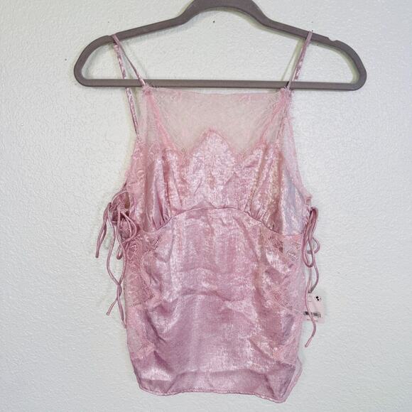 Free People Tops - Free People Top Womens Small Shimmer On Cami Satin Lace Blouse Romantic Pink NEW